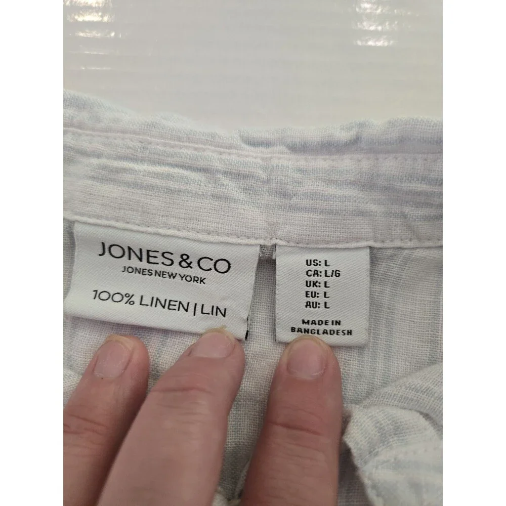 Jones & Co 100% Linen Button Front Shirt Women's Large Blue White Striped Top